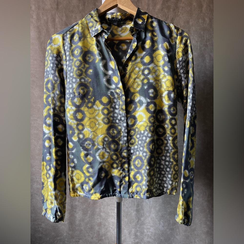 Sisley 100% Silk Graphic Blouse | Yellow Black Abstract Print Button Down Top S - Picture 3 of 5
